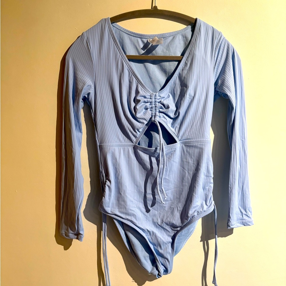 Blue one peice bathing suite.